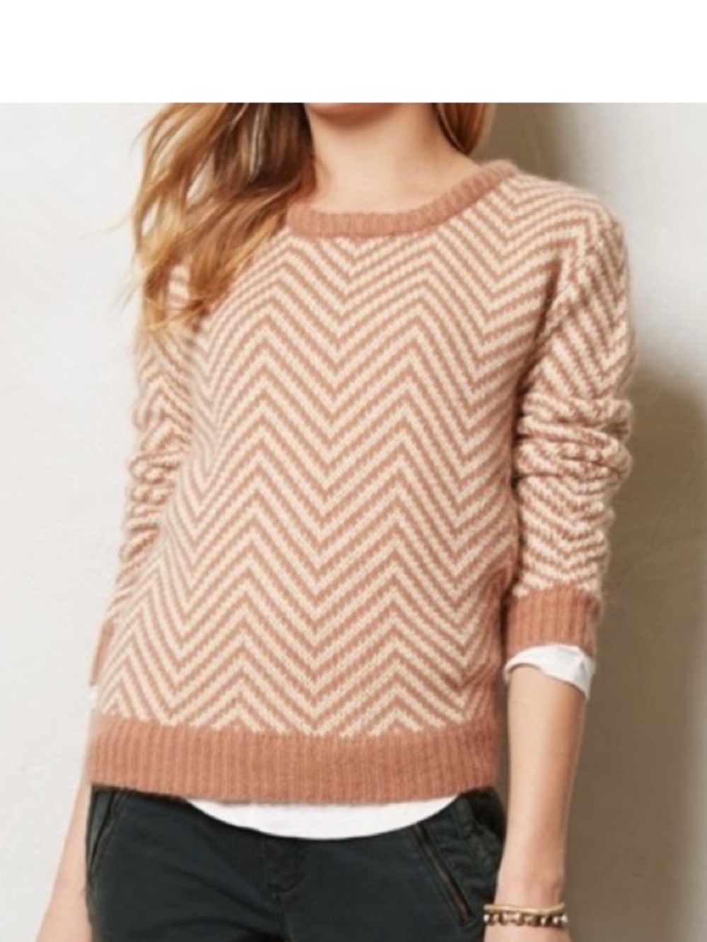 Ganni Chevron Crewneck Sweater in Taupe and White XS